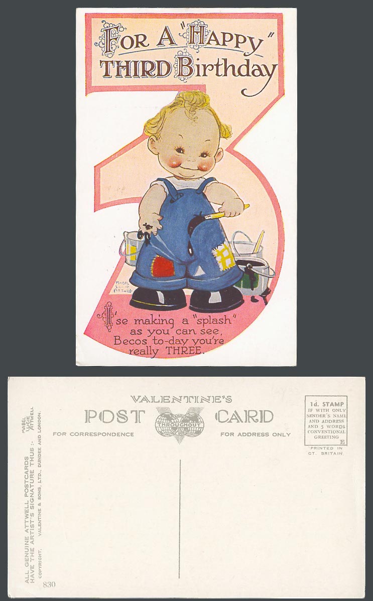 MABEL LUCIE ATTWELL Old Postcard Happy 3rd Third Birthday Today Really Three 830