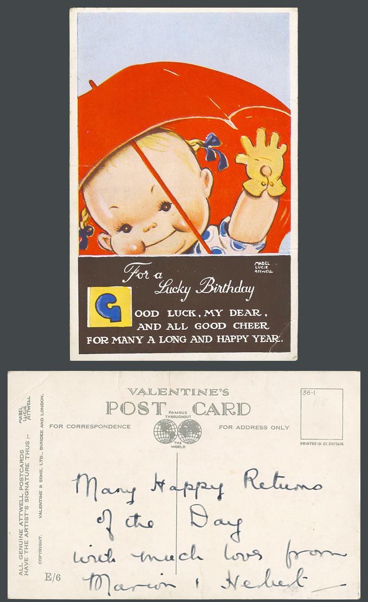 MABEL LUCIE ATTWELL Old Postcard Lucky Birthday Good Luck & Cheer Happy Year E/6