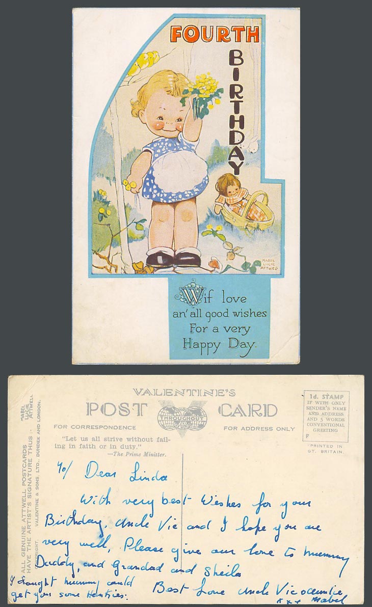 MABEL LUCIE ATTWELL Old Postcard 4th Fourth Birthday, Happy Day Love Good Wishes