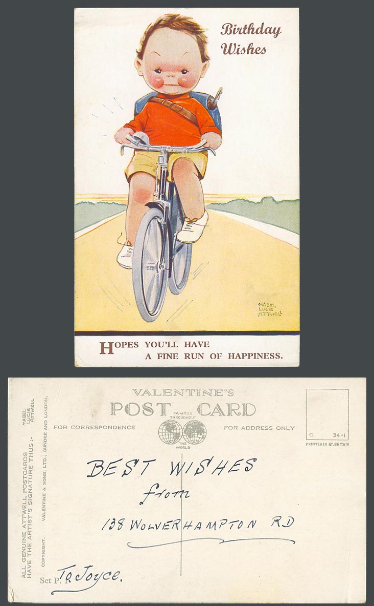 MABEL LUCIE ATTWELL Old Postcard Birthday Wishes Cyclist Bicycle Fine Run Set P1