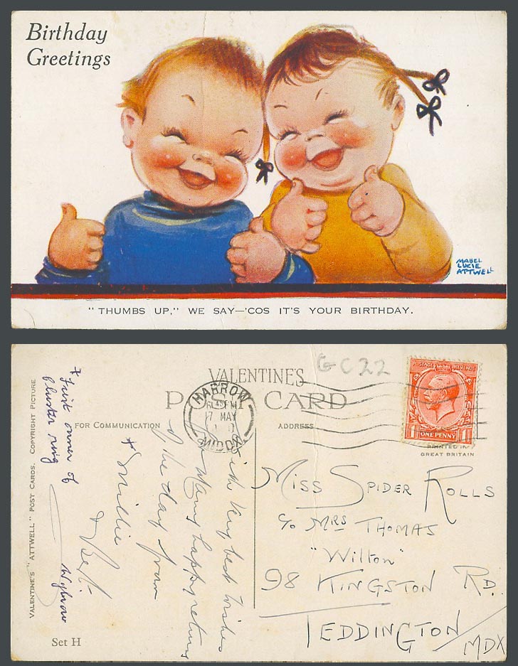 MABEL LUCIE ATTWELL 1930 Old Postcard Thumbs Up 'Cos It's Your Birthday Set H