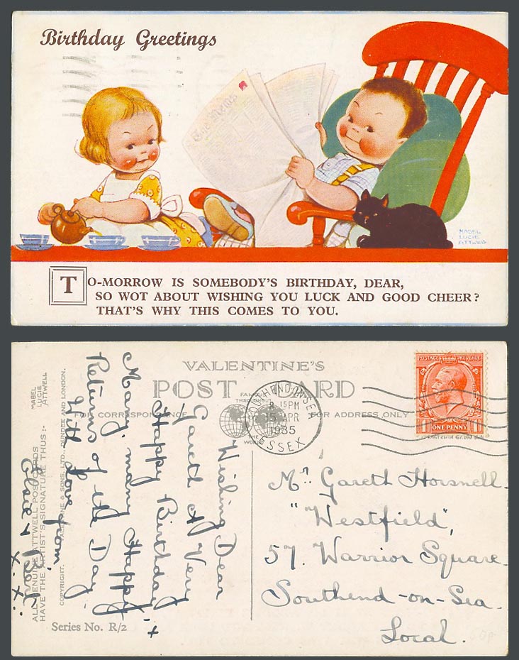 MABEL LUCIE ATTWELL 1935 Old Postcard Wishing You Luck & Good Cheer Birthday R/2
