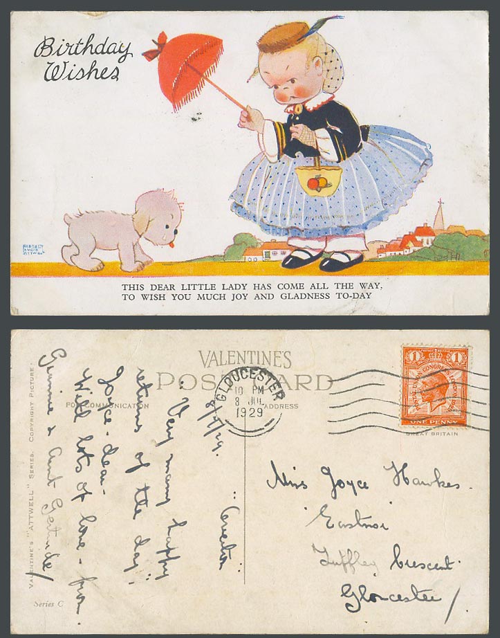 MABEL LUCIE ATTWELL 1929 Old Postcard Birthday Wishes, Joy Gladness Dog Series C