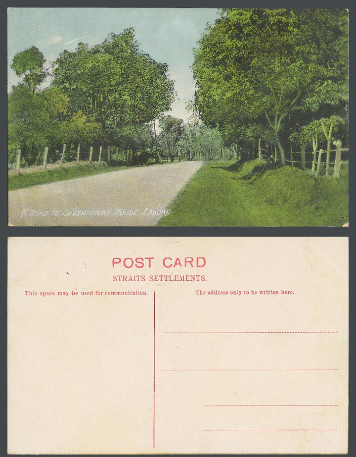 LABUAN Brunei Old Colour Postcard A Road to Government House Street Scene Malaya