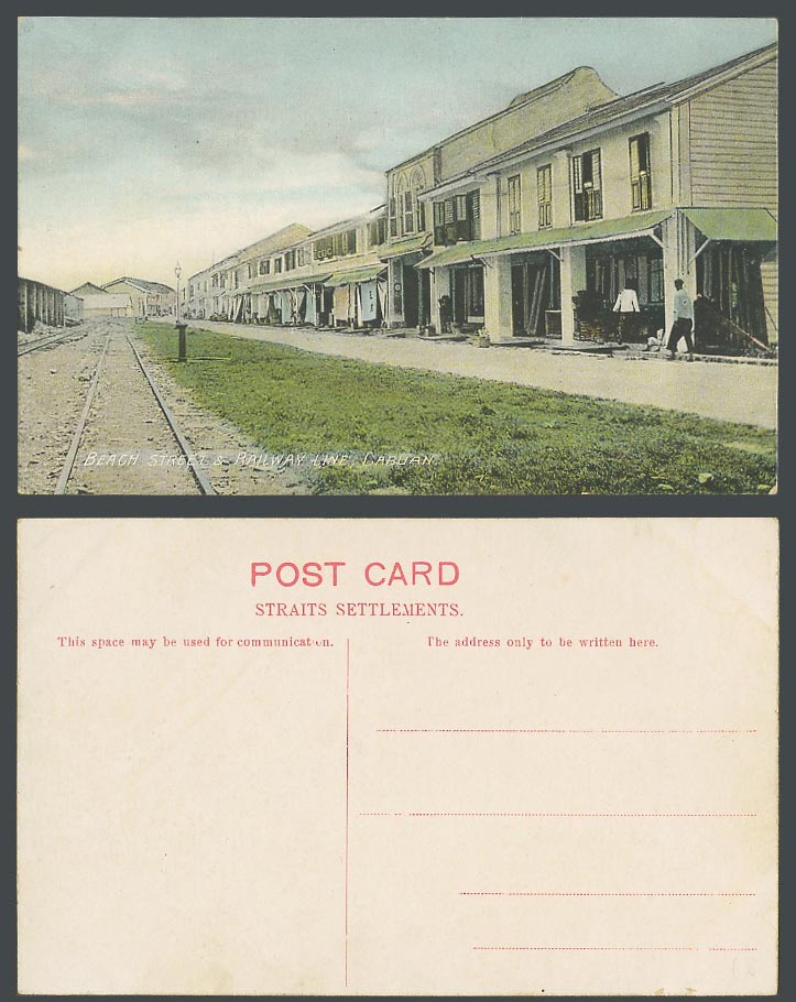 Labuan Brunei Old Color Postcard Beach Street Scene Railway Line Railroad Malaya