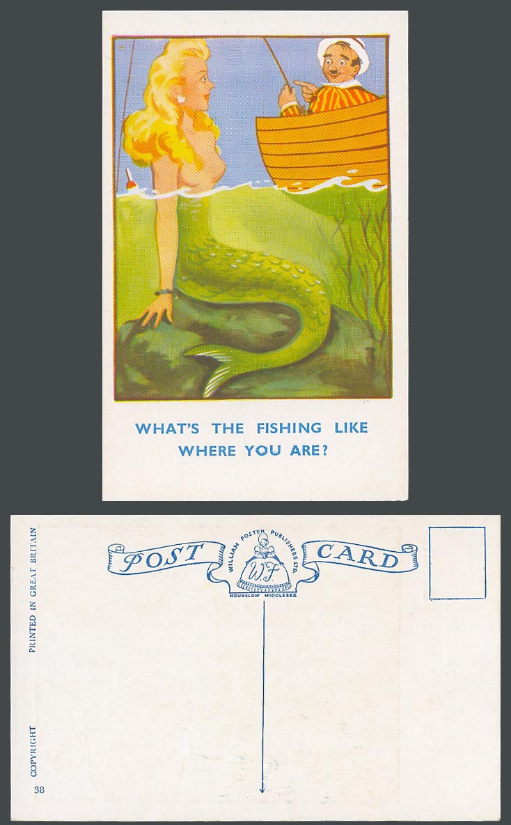 MERMAID What's The Fishing Like Where you Are? Angler on Boat Old Postcard No.38