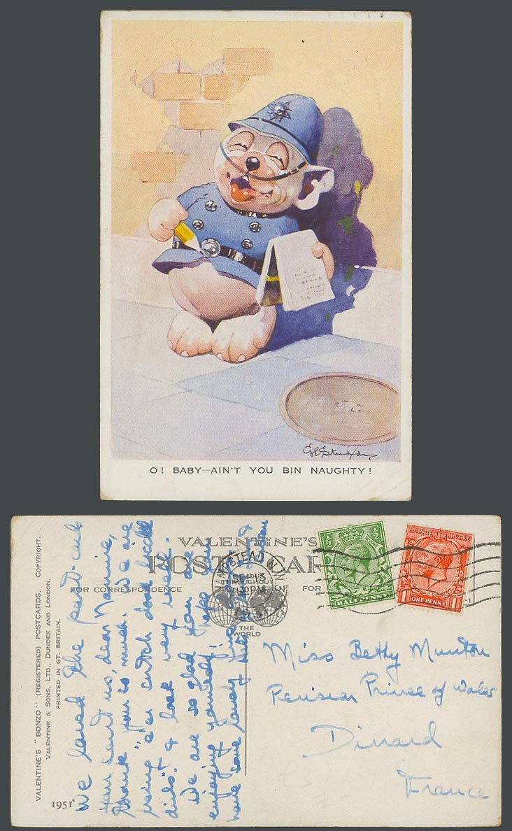 BONZO DOG GE Studdy 1931 Old Postcard Police, O! Baby Ain't you Bin Naughty 1951