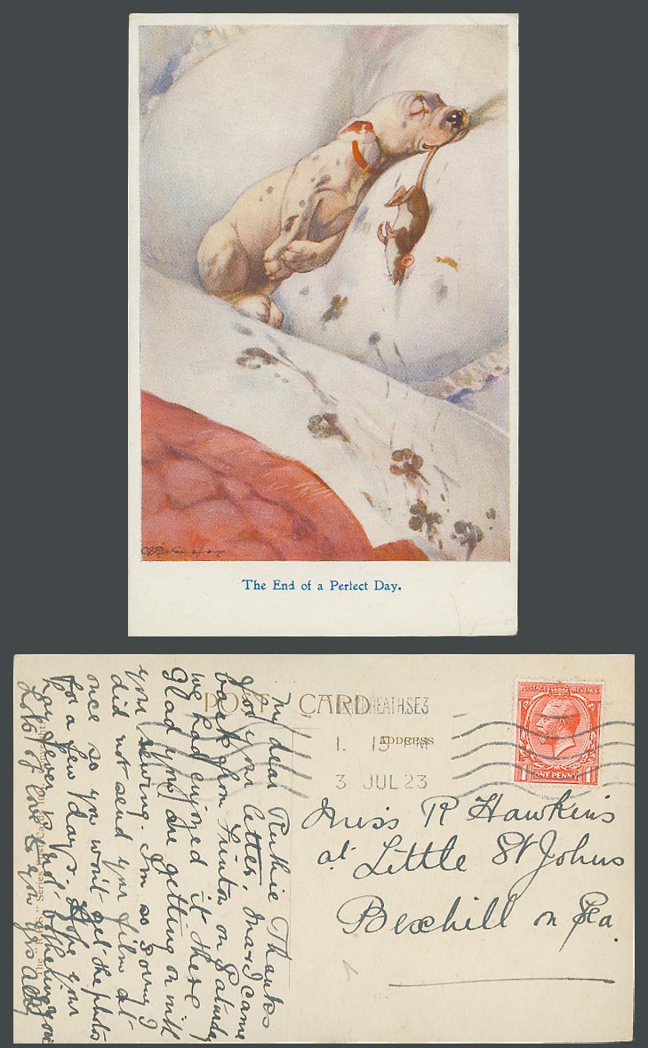 BONZO DOG GE Studdy 1923 Old Postcard The End of a Perfect Day Mouse on Bed 1004