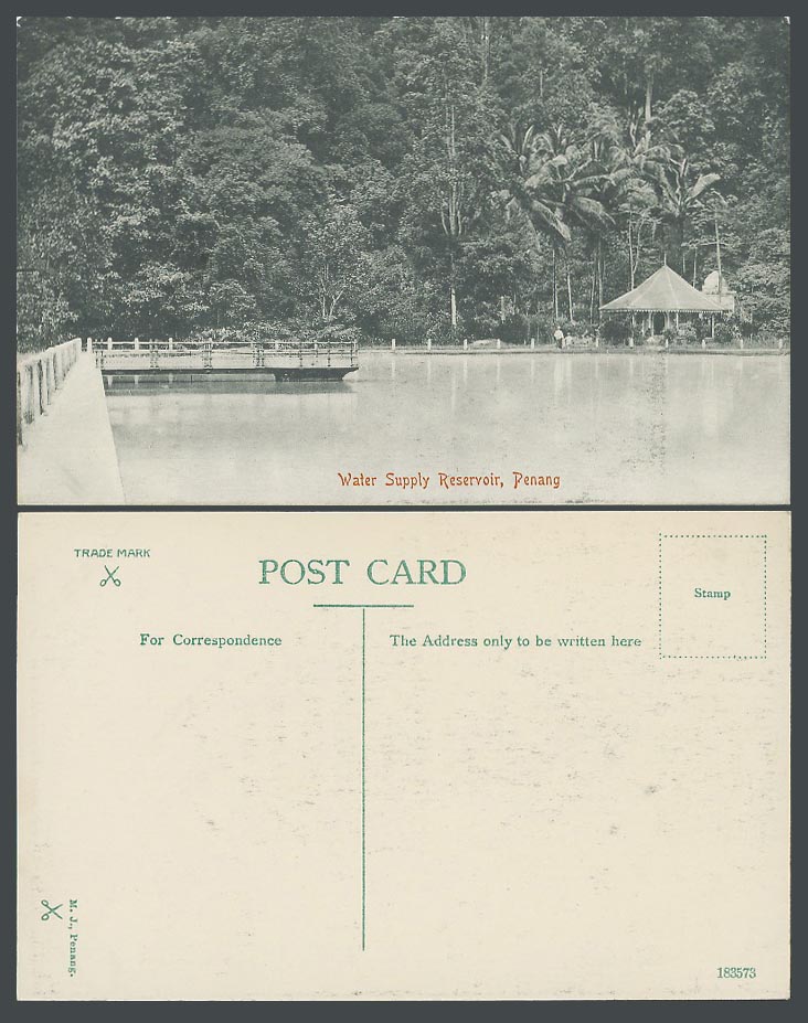 Penang Water Supply Reservoir Old Postcard Palm Trees Gazebo Pavilion Bridge M.J