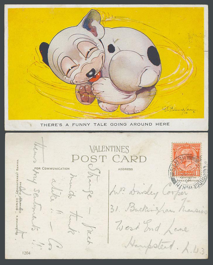 BONZO Dog GE Studdy 1927 Old Postcard Theres a Funny Tale Going Around Here 1204