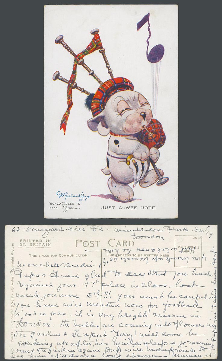 BONZO DOG G.E. Studdy Old Postcard Just a Wee Note, Scottish Bagpipe, Puppy 1060