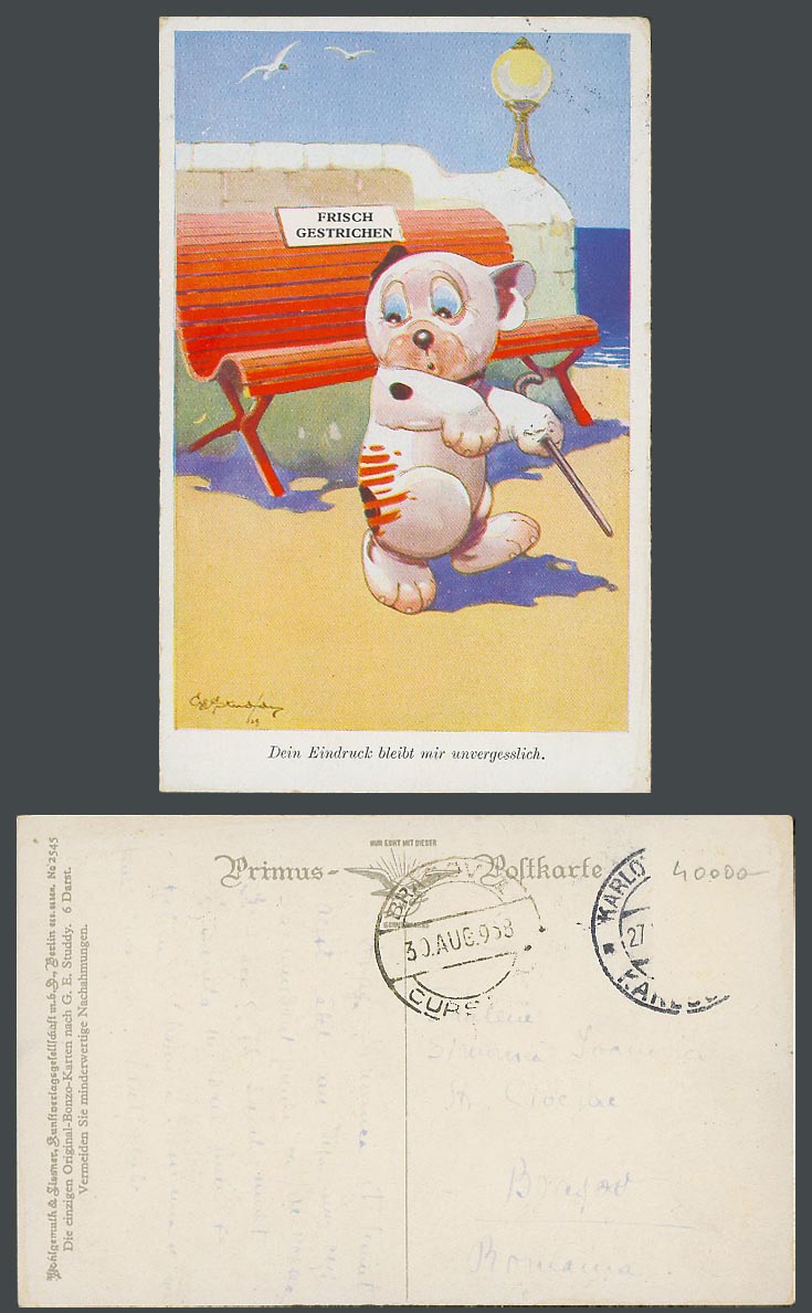 BONZO DOG GE Studdy Old Postcard Frisch Gestrichen Red Paint German Caption 2545