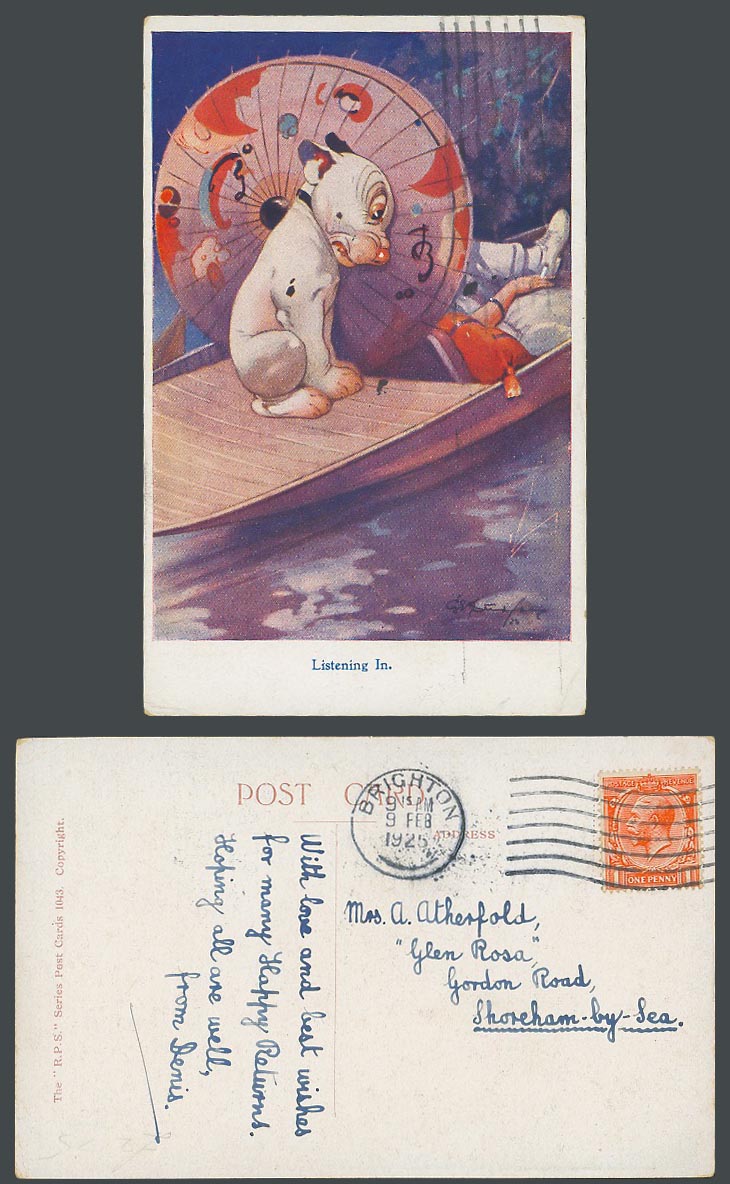 BONZO DOG GE Studdy 1925 Old Postcard Listening In, Japanese Style Umbrella 1043