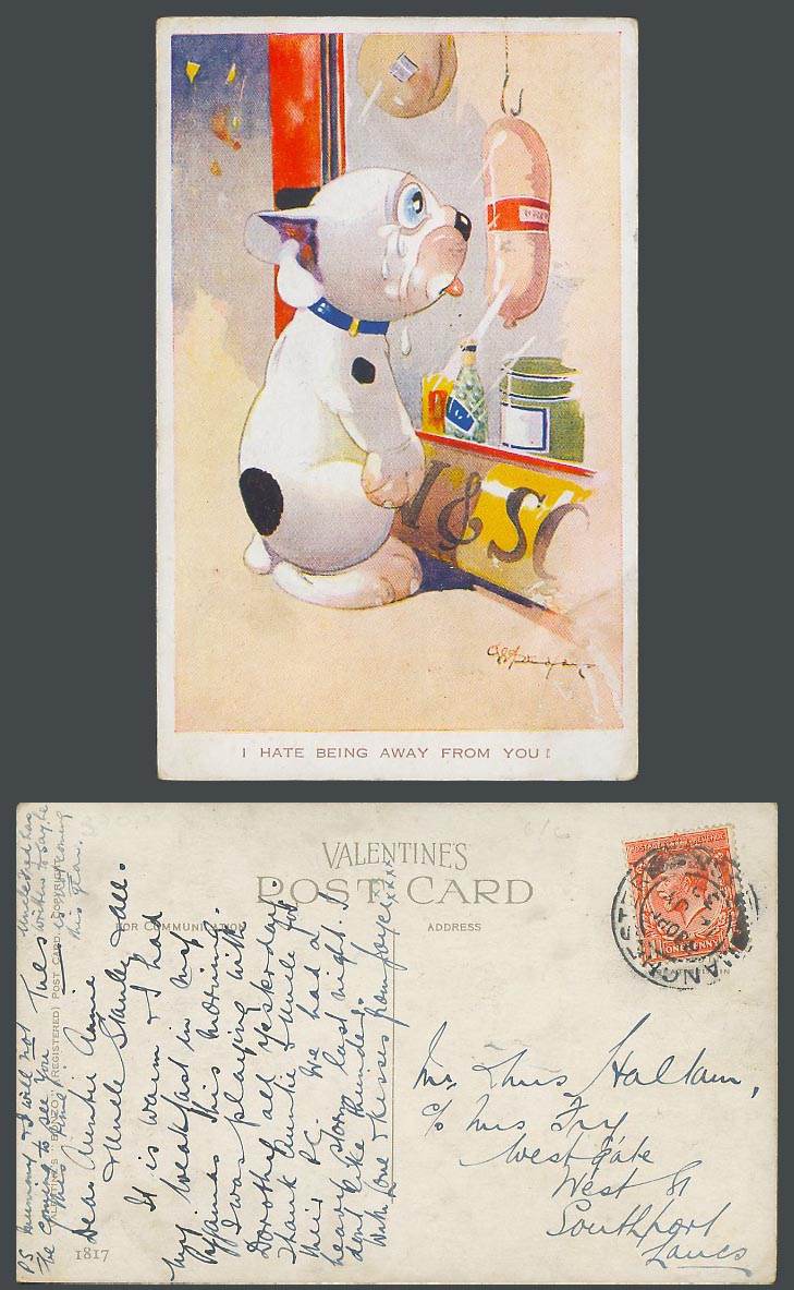 BONZO DOG G.E. Studdy 1932 Old Postcard Sausage, I Hate Being Away from You 1817