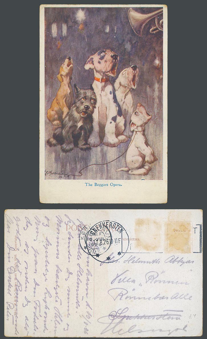 BONZO DOG GE Studdy 1926 Old Postcard The Beggars Opera Dogs Puppy Singing 1003