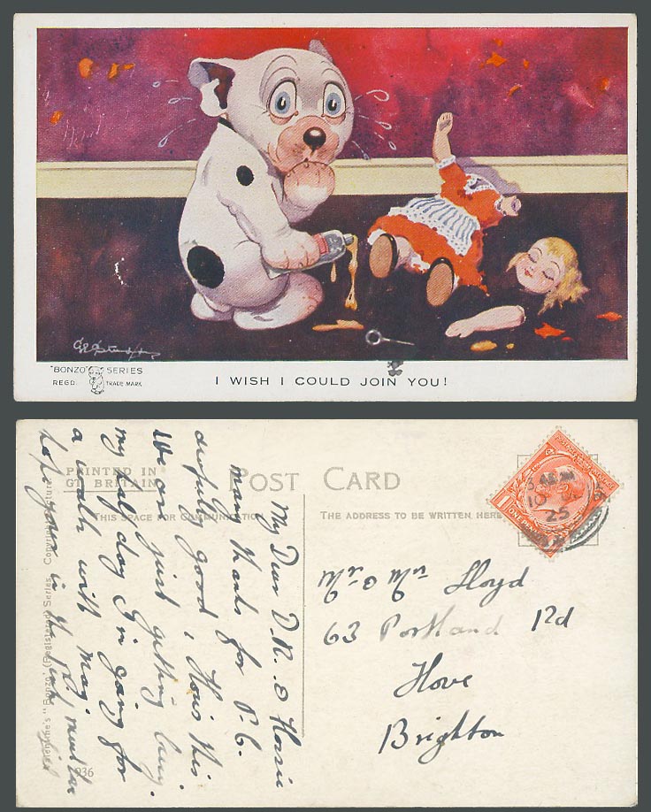 BONZO DOG GE Studdy 1925 Old Postcard Broken Doll - I Wish I Could Join You! 936