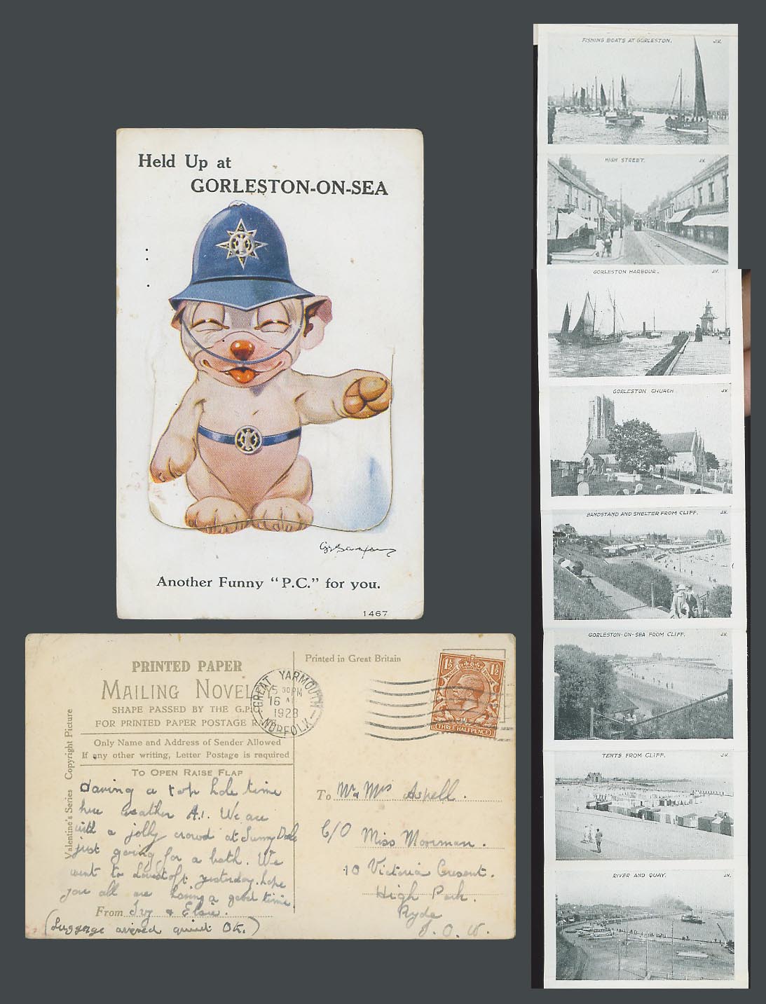 BONZO DOG GE Studdy 1928 Old Postcard Police Held Up at Gorleston-on-Sea Pullout