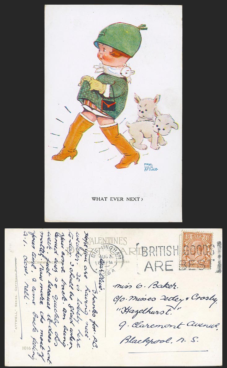 MABEL LUCIE ATTWELL 1925 Old Postcard What Ever Next? Girl, Fur Scarf, Dogs 1016