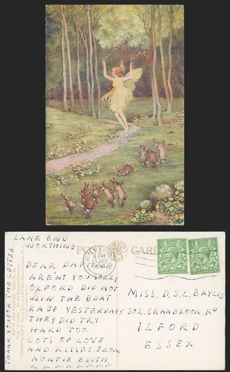 Ida Rentoul Outhwaite 1930 Old Postcard She is Spring Fairy Skipping Rope Rabbit