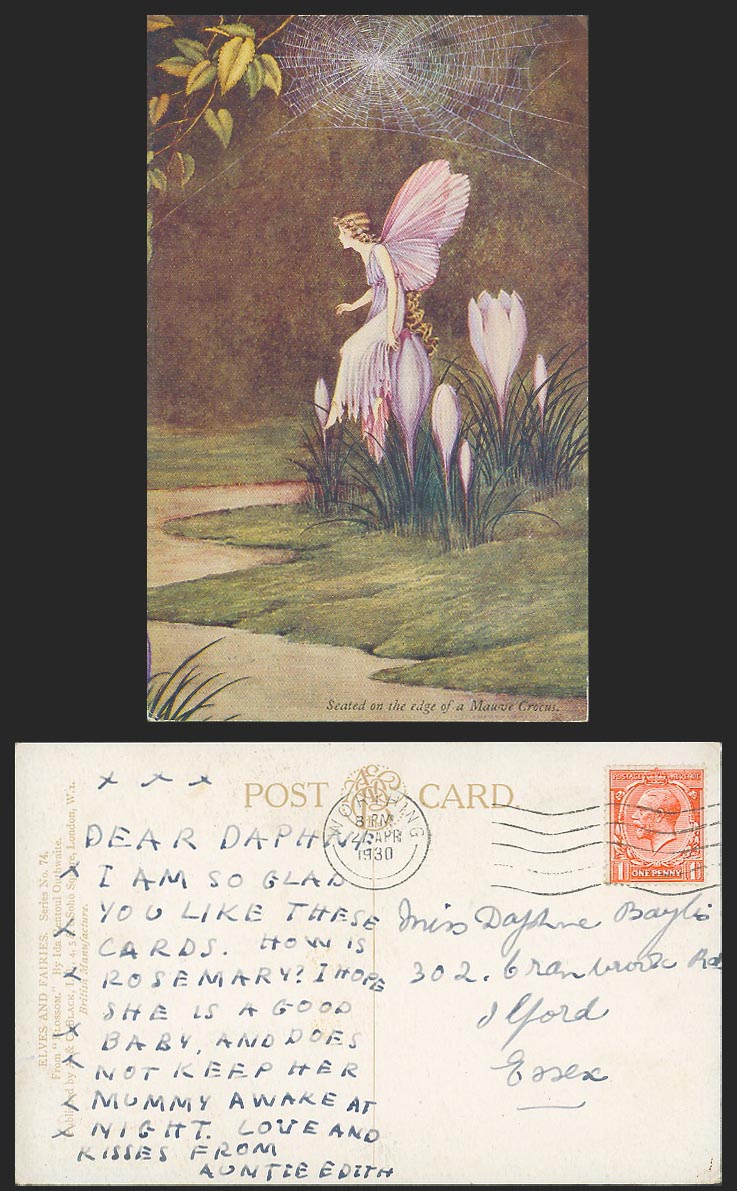 Ida Rentoul Outhwaite 1930 Old Postcard Fairy Seated on the Edge of Mauve Crocus