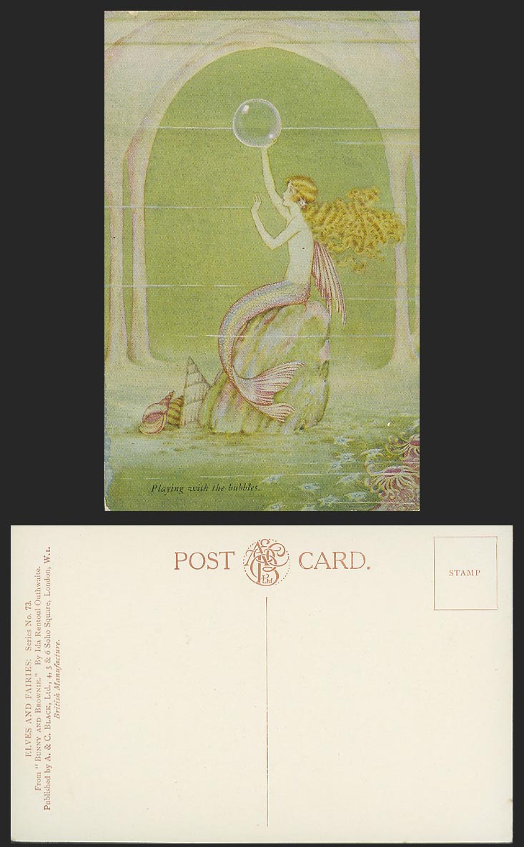 Ida Rentoul Outhwaite Old Postcard Mermaid Playing with Bubbles Fish Fairy Shell