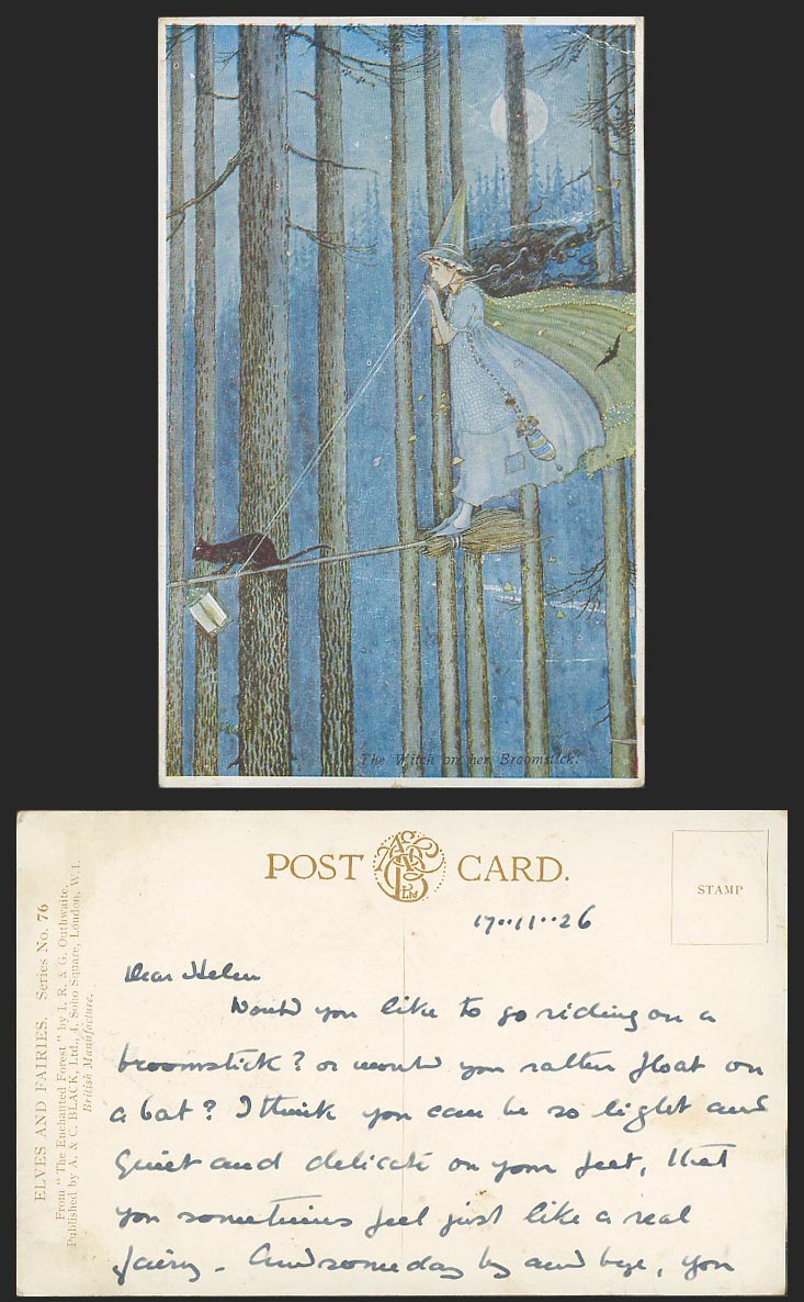 Ida Rentoul Outhwaite 1926Old Postcard The Witch on Her Broomstick Black Cat Bat