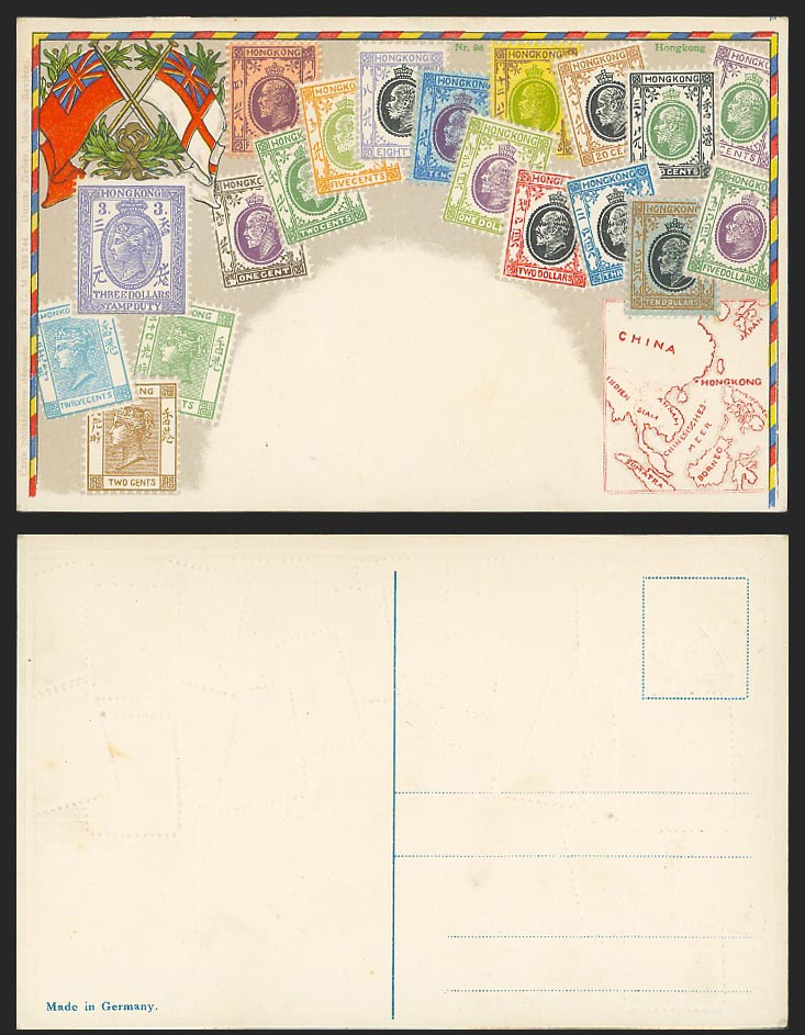 Hong Kong China Map Flags & Vintage QV KE7 Stamps Illustr. Old Embossed Postcard
