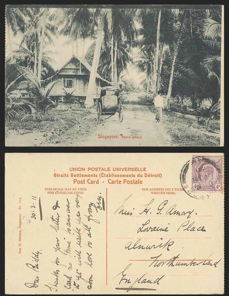 Singapore Straits KE7 4c 1911 Old Postcard Native Village, Rickshaw Street Scene
