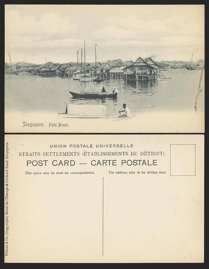 Singapore Old Postcard Pulo Brani, Native Village Houses on Stilts Sampans Boats
