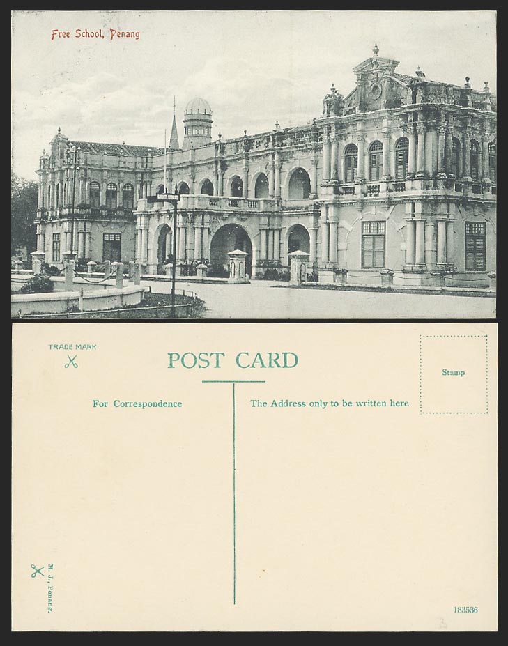 Penang, Free School Old Postcard Straits Settlements Malaya Malay M.J. No.183536