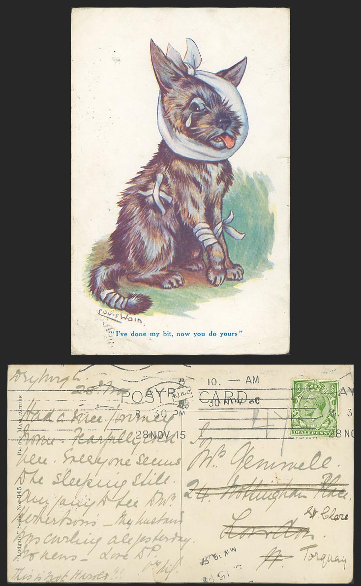 LOUIS WAIN Artist Signed Dog Puppy I've Done My Bit, Now Yours 1915 Old Postcard