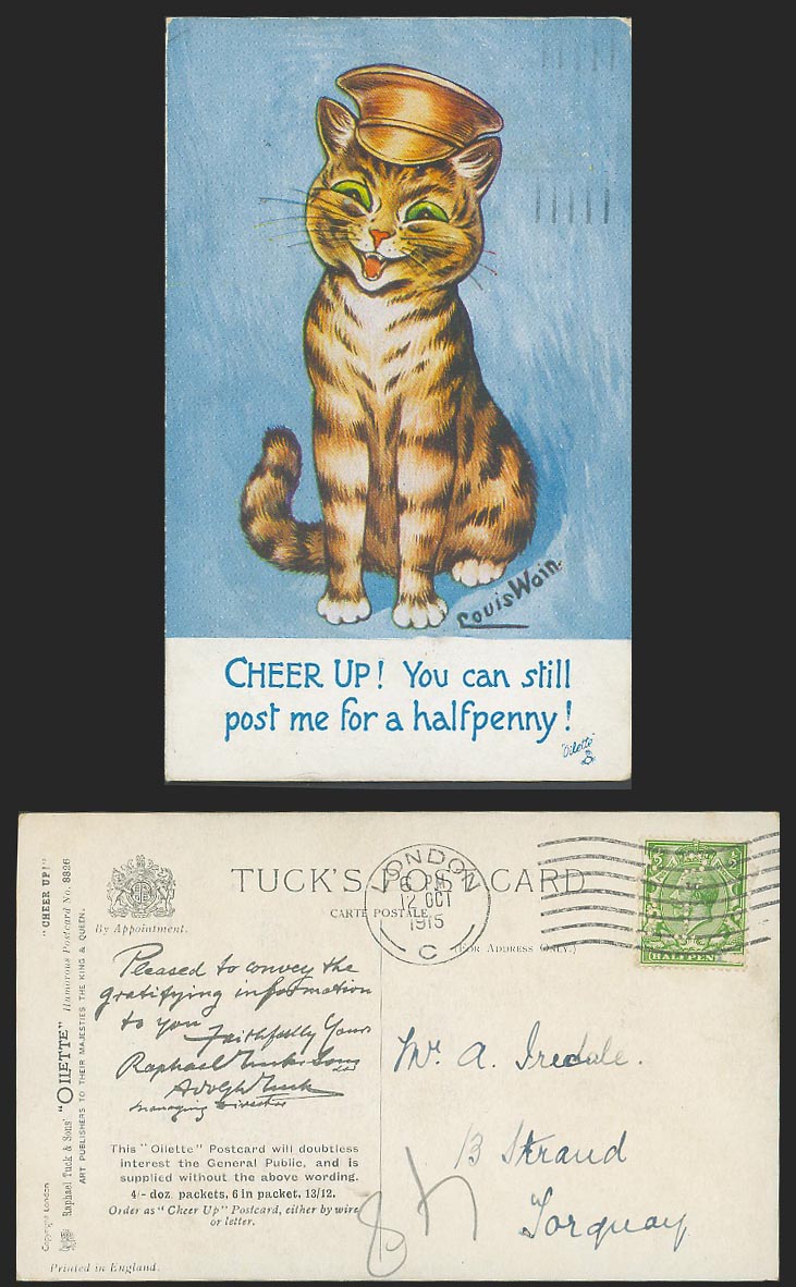 LOUIS WAIN Artist Signed Cat, Cheer Up! Post Me For Halfpenny! 1915 Old Postcard