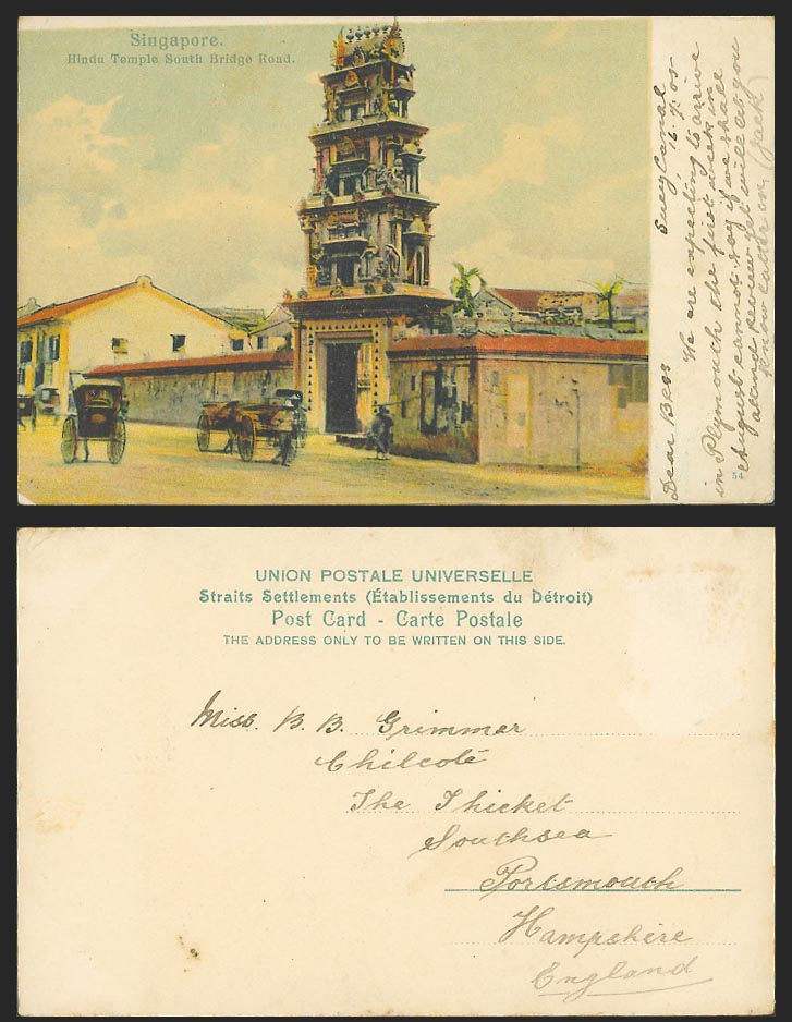 Singapore 1905 Old Colour Postcard Hindu Temple South Bridge Road, Street Coolie