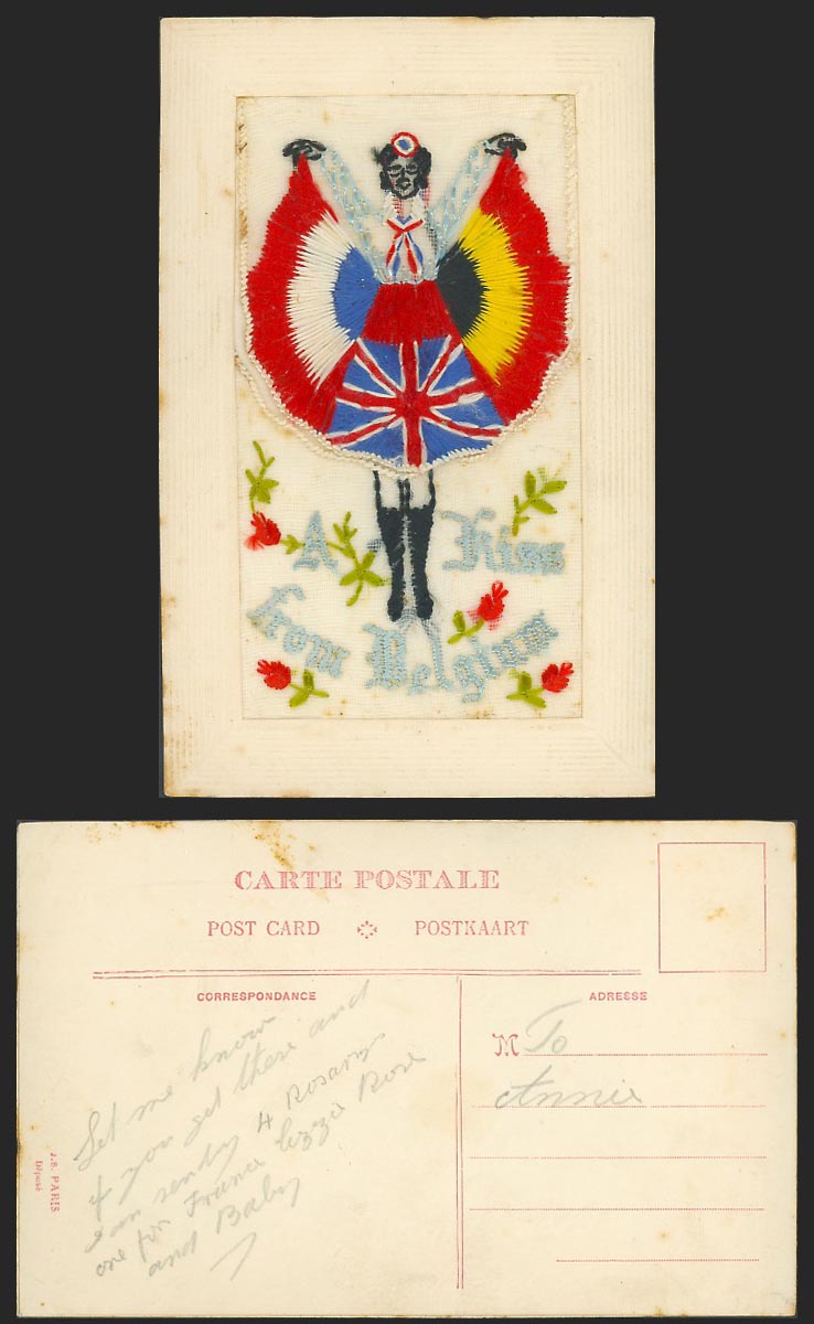 WW1 SILK Embroidered Old Postcard A Kiss from Belgium Dancing Girl Flags Skirt