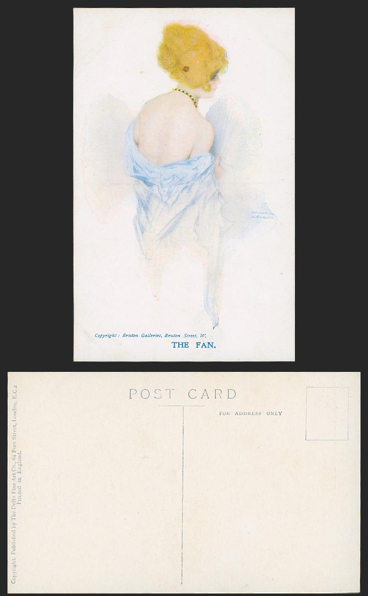 Raphael Kirchner Old Postcard The Fan, Glamour Lady Woman Bare Back and Necklace