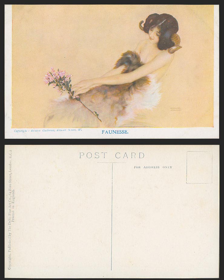 Raphael Kirchner Old Postcard Faunesse, Wildlife Glamour Lady Woman with Flowers