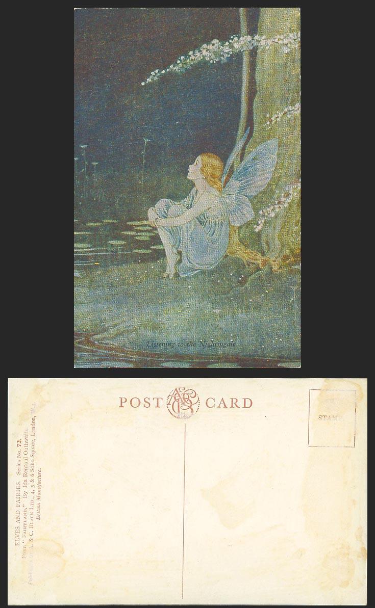 Ida Rentoul Outhwaite Old Postcard Fairy Girl Listening to Nightingale by Lake