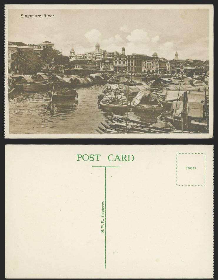 Singapore River Scene Old Postcard Native Boats Sampans Canoes in Harbour M.W.P.