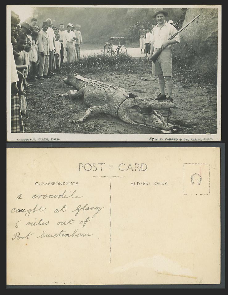 F.M.S. Federated Malay States, Crocodile, Hunter Bicycle Old Real Photo Postcard