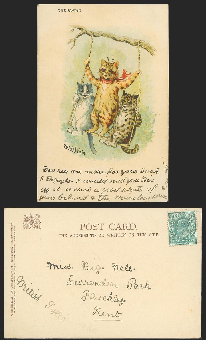 Louis Wain Artist Signed Cats Kittens, The Swing 1904 Old UB Postcard Tuck's Art