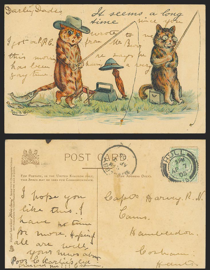 LOUIS WAIN Artist Signed Cat Fishing Seem Long Time Write Away 1905 Old Postcard