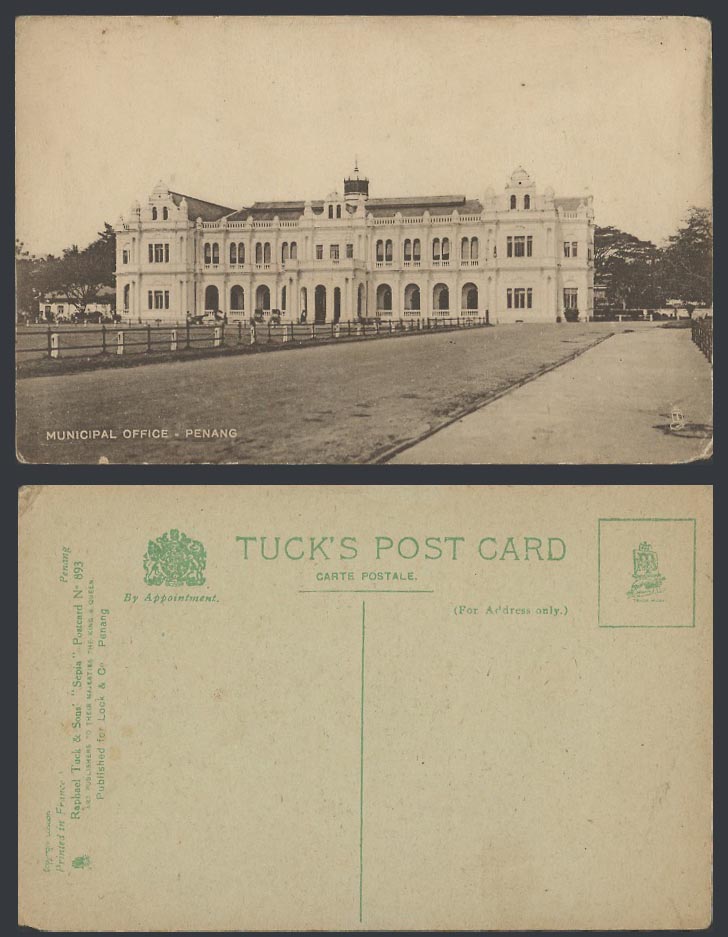 Penang Old Postcard Municipal Office Straits Settlements Malaya Tuck's Sepia 893