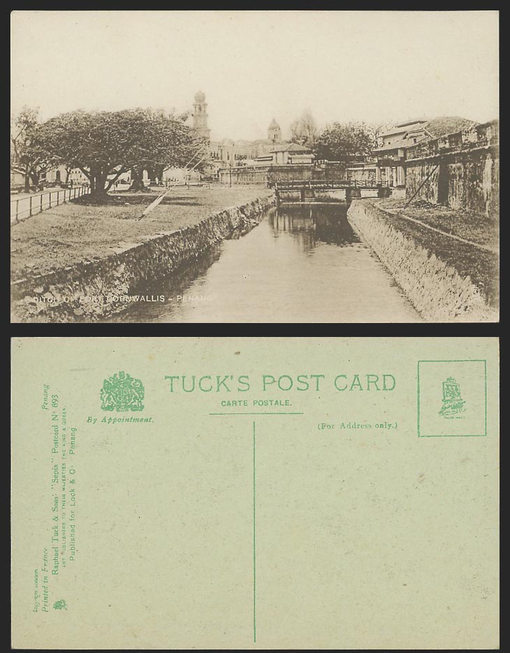Penang Old Postcard Ditch of Fort Cornwallis Bridge Clock Tower Tuck's Sepia 893