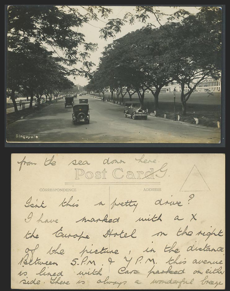 Singapore Old Real Photo Postcard Street Scene, Vintage Motor Cars, Malaya Malay