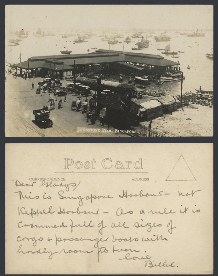 Singapore Old Real Photo Postcard Johnston Johnstone Pier, Harbour, Ships Boats