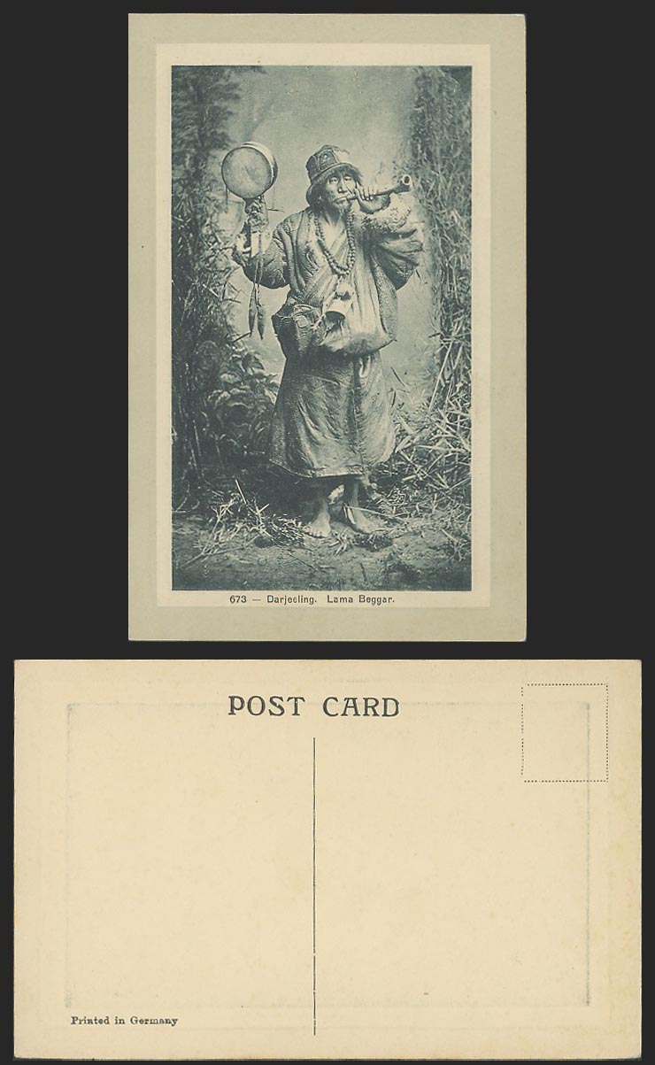 TIBET China Old Embossed Postcard TIBETAN LAMA BEGGAR with Horn Shawm Darjeeling