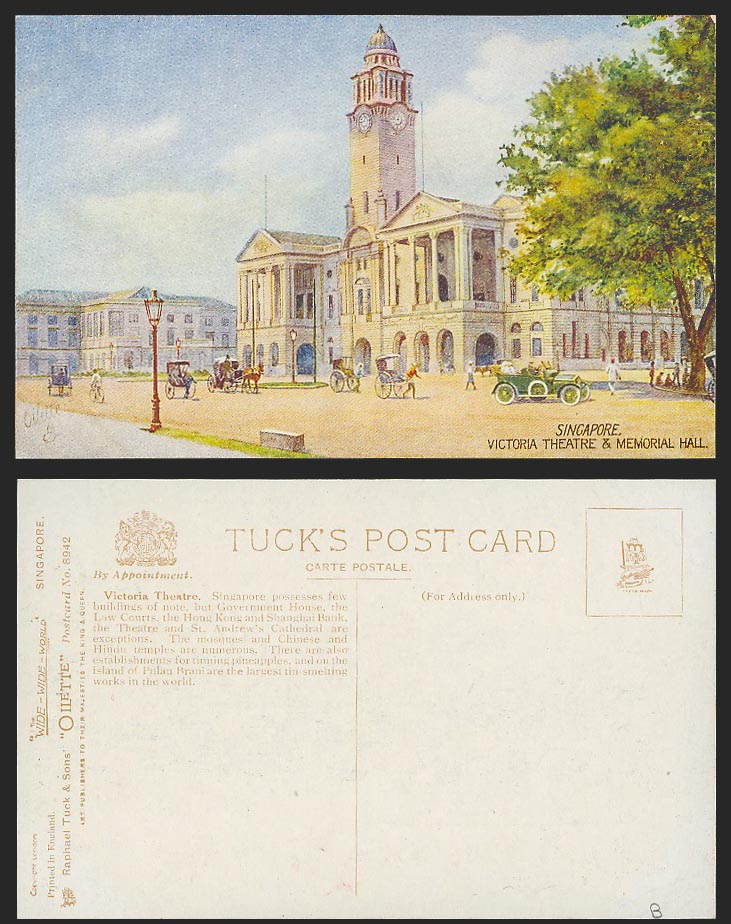 Singapore Old Tuck's Postcard Victoria Theatre, Memorial Hall, Vintage Motor Car
