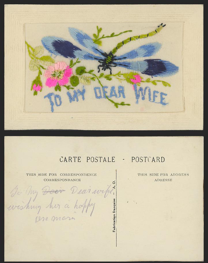 WW1 SILK Embroidered French Old Postcard Dragonfly Flowers To My Dear Wife, A.O.