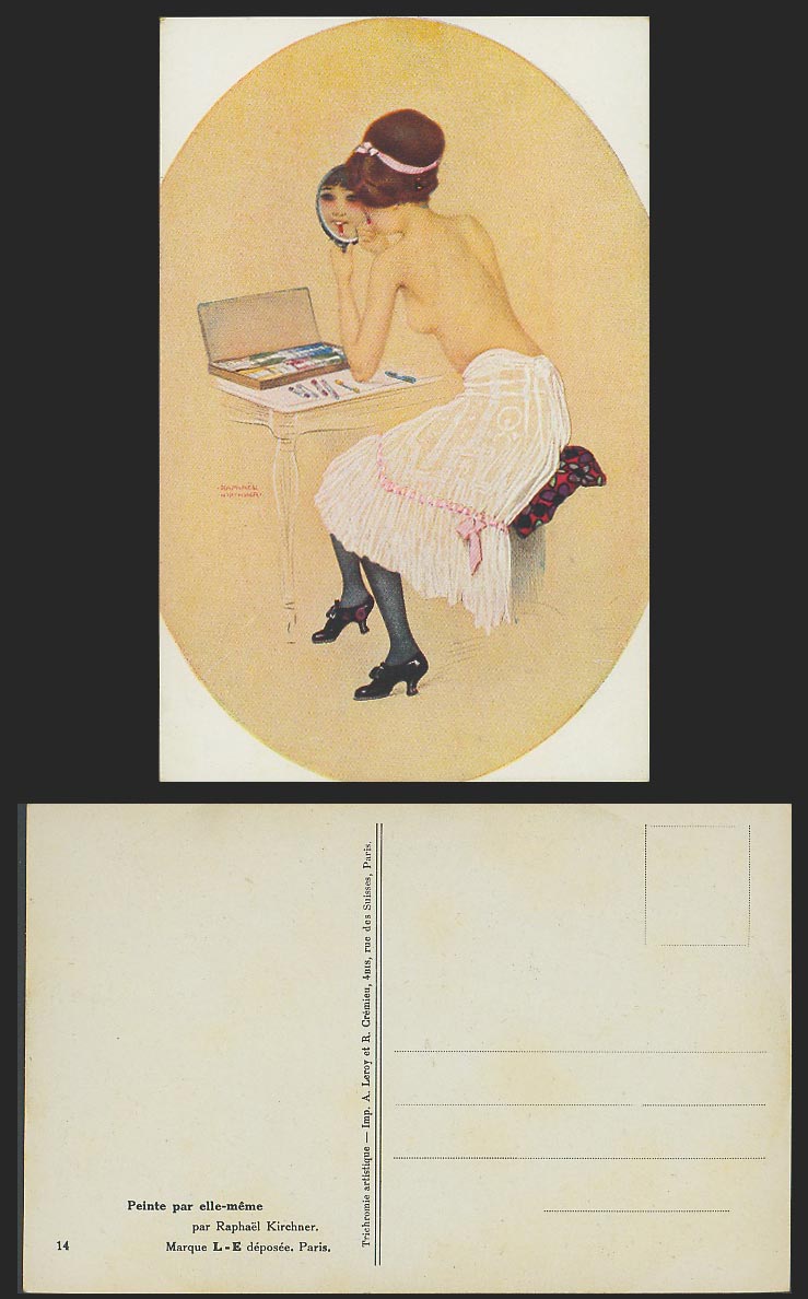 Raphael Kirchner Old Postcard Peinte par elle-meme, Glamour Lady Mirror Lipstick
