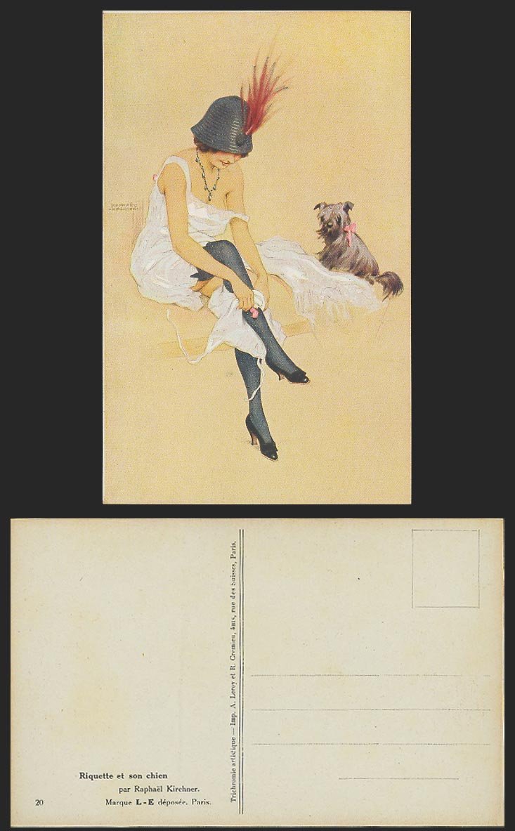 Raphael Kirchner Old Postcard Riquette et son chien, Glamour Lady Woman with Dog